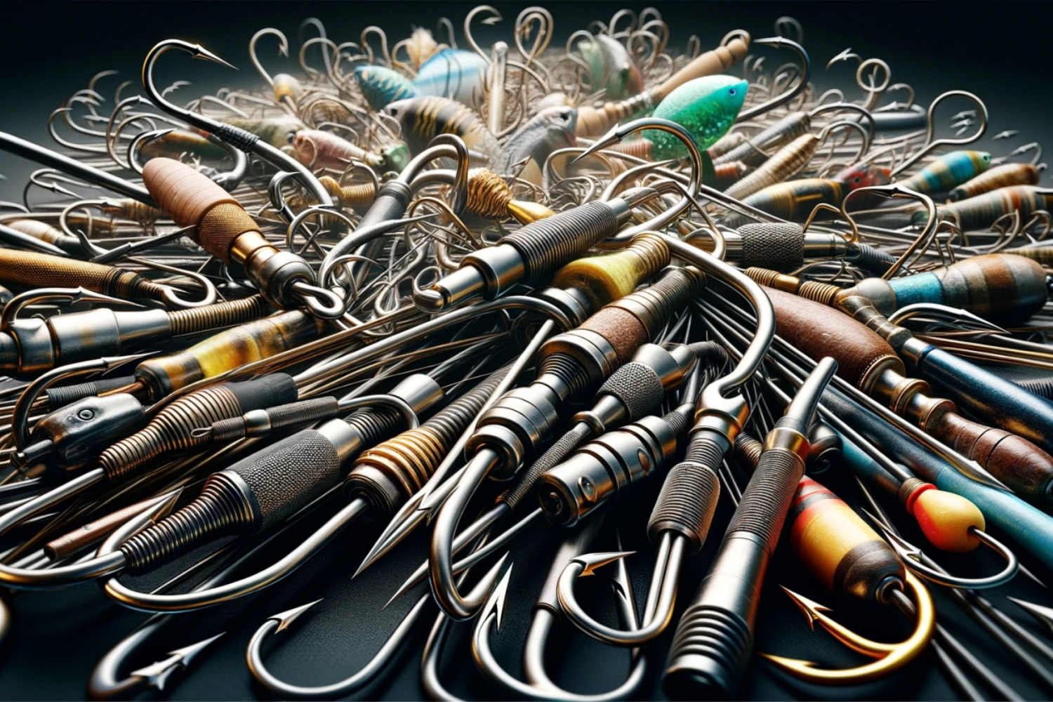DALL·E-2024-03-01-09.47.06-Create-another-highly-detailed-and-realistic-image-of-Fishing-Hooks-with-dimensions-of-1500x1000.-This-new-image-should-display-an-even-closer-view-o.webp